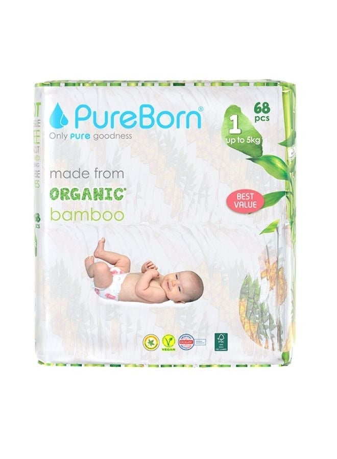 PUREBORN Organic Bamboo Size 1 Diapers Upto 5 Kgs 68 Count